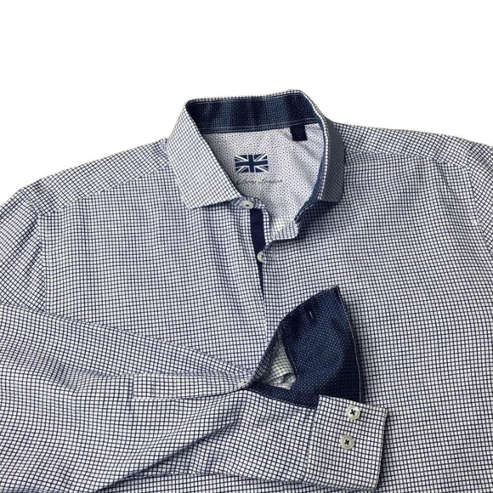 MICHELSONS LONDON Men's Blue & White Gingham Check Button Down Long Sleeve Shirt